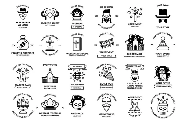 A collection of black and white icons for various events. The icons include a man in a cowboy hat, a man in a suit, a man with a beard, a man with a beard and mustache, a man with a beard and mustache
