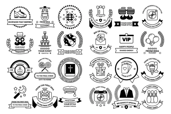 A collection of badges and ribbons with various designs and themes. Some of the themes include sports, travel, and education