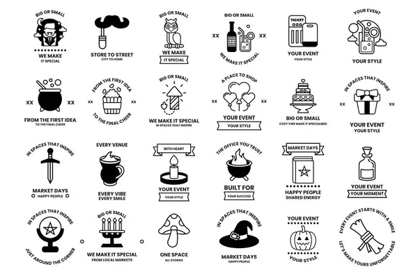 A collection of symbols and icons, including a sword, a candle, a cup, and a bottle