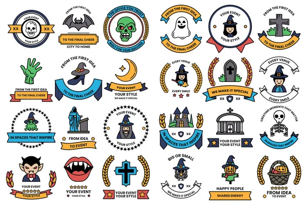 A collection of Halloween themed badges and ribbons. Some of the badges feature witches, skeletons, and other spooky imagery