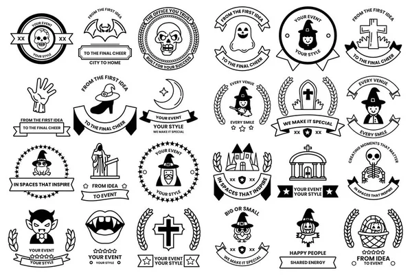 A collection of Halloween themed badges and ribbons. Some of the badges feature witches, skeletons, and other spooky imagery