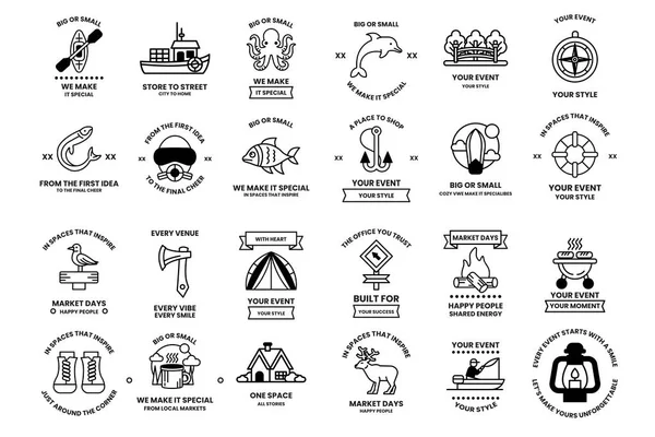 A collection of black and white icons for various events and activities. The icons include a boat, a fish, a house, a car, a boat, a house, a boat, a house, a boat, a house, a boat