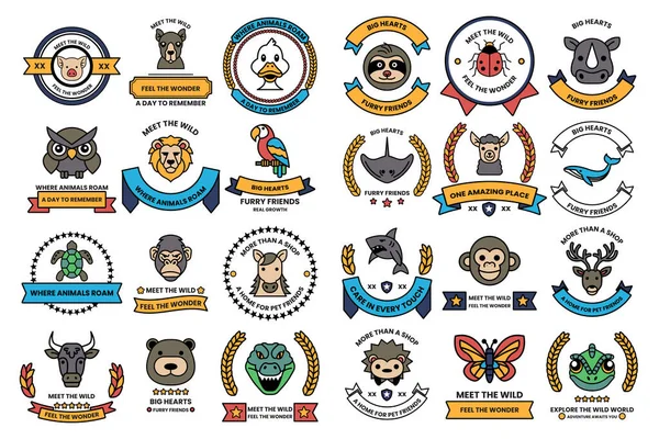 A collection of animal-themed badges and ribbons. Some of the badges include a bear, a monkey, a bird, and a fish