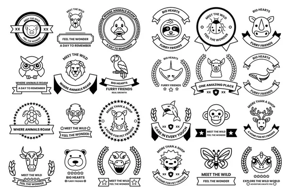A collection of animal-themed badges and ribbons. Some of the badges include a bear, a monkey, a bird, and a fish