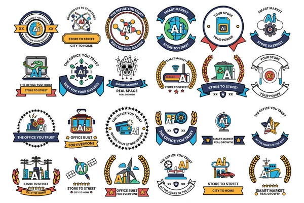 A collection of badges with a variety of designs and themes. Some of the badges feature skulls, while others have a more abstract look