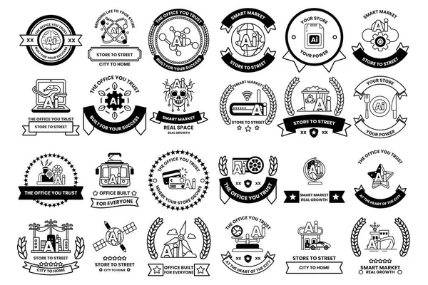 A collection of badges with a variety of designs and themes. Some of the badges feature skulls, while others have a more abstract look