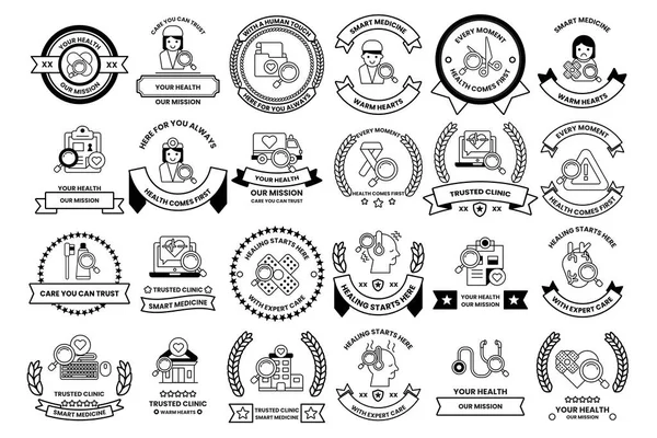 A collection of badges with various designs and text. Some of the text reads 