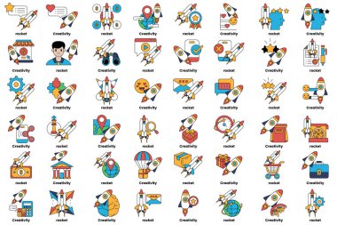 Roketler ve sanat tarzında çeşitli nesneler kavramındaki çizimler