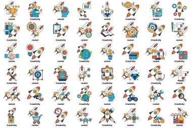 Roketler ve sanat tarzında çeşitli nesneler kavramındaki çizimler