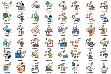 Roketler ve sanat tarzında çeşitli nesneler kavramındaki çizimler