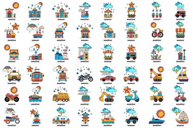 Değişik hava koşullarında sanat tarzında araçlar kavramında bir dizi çizim