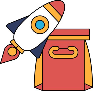 Çantanın üstünde bir roket var. Roket siyah ve beyaz.