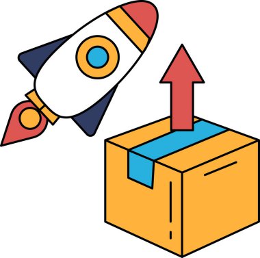 Havada bir roket uçuyor ve bir kutunun üzerine inmek üzere. Roket beyaz ve siyah ve kutu da beyaz. Heyecan ve macera kavramı