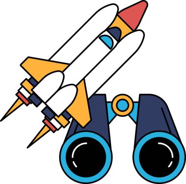 Siyah beyaz bir roket çizimi ve bir çift dürbün. Roket ön planda ve dürbün arka planda. Macera ve keşif kavramı