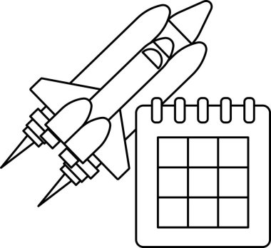 Bir roket ve takvimin siyah beyaz çizimi. Roket görüntünün ortasında ve takvim de sağ tarafta. Macera ve heyecan kavramı