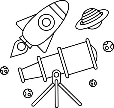 Gökyüzünde bir roket uçuyor ve yerde bir teleskop var. Roket ön planda ve teleskop da arka planda.