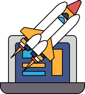 Uzaya fırlatılan bir roketin siyah beyaz çizimi. Roket görüntünün ana odak noktası, ve hareket halinde, motorları ateşliyor ve onu yukarı itiyor.