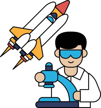 Laboratuvar önlüklü bir adam roket fırlatan bir makine üzerinde çalışıyor. Adam güvenlik gözlüğü takıyor ve işine odaklanmış durumda. Heyecan ve roketin fırlatılması için beklenti kavramı