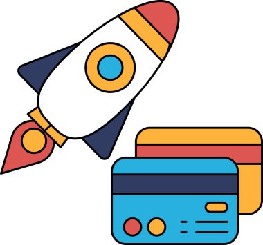 Ön planda bir parça kağıt ve kredi kartıyla gökyüzünde bir roket uçuyor.