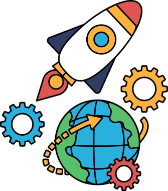 Bir roketin siyah beyaz çizimi ve vitesli bir gezegen. Roket gezegene doğru uçuyor ve dişliler gezegenin dört bir yanına dağılmış durumda. Hareket ve keşif kavramı