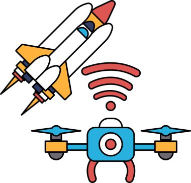 Bir roket ve bir dronun siyah beyaz çizimi. Roket arka planda ve İHA ön planda. Çizim, bir teknoloji ve yenilik hissi veriyor.