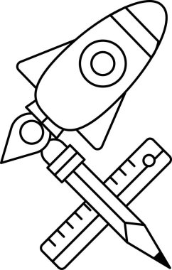 Cetvel ve kalemin üzerinde bir roket var. Roket beyaz, cetvel ve kalem siyah. Roket sağ tarafı gösteriyor.