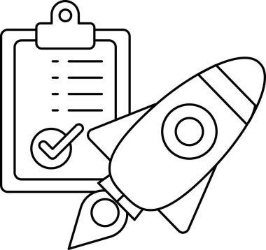 Üzerinde kontrol işareti olan bir roket panonun üstünde duruyor. Roket beyaz ve pano siyah.