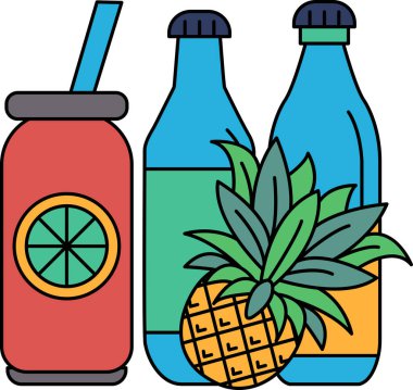 Yanında pipet ve ananas olan bir içki. İçki bardakta, ananas da şişede.