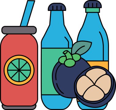 Bir içki, bir şişe ve bir meyve çizimi. İçki bir meyve suyu, şişe bir meyve suyu ve meyve de bir limon.