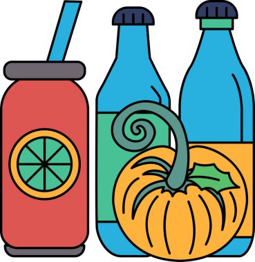 Bir içki, bir şişe ve bir balkabağı karikatürü. İçki pipetli bir bardakta, balkabağı da şişenin yanında. Sahne neşeli ve şenliktir, balkabağı içerir.