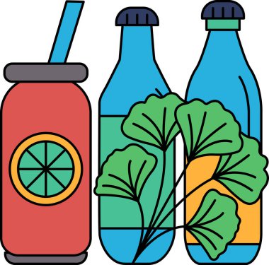 Bir içki, bir şişe ve yapraklı yeşil bitkinin karikatür çizimi. İçki pipetli bir bardakta, şişe de yanında.