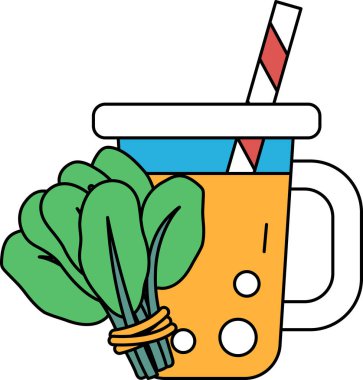 İçinde pipet ve bir demet yeşillik olan bir fincan. Yeşiller bir iple birbirine bağlanmış.