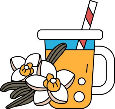 Üzerinde kamış ve çiçekler olan bir kupa. Bardak bir içkiyle dolu. Çiçekler ön planda ve kupa arka planda.