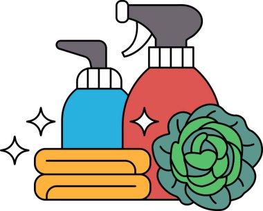 Bir şişe sprey ve bir şişe sabunun siyah beyaz çizimi. Sabun şişesi havlu yığınının üstünde.