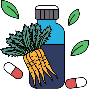 Bir şişe hap bir demet havucun yanında. Şişe beyaz ve havuçlar turuncu. Sağlıklı beslenme ve sağlığa dikkat etme kavramı