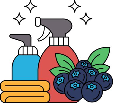 Bir sprey şişesi ve bir şişe sabun bir demet yabanmersininin yanında. Temizlik ve tazelik kavramı, yabanmersinleri doğanın ve sprey şişesinin sembolü olduğu gibi.