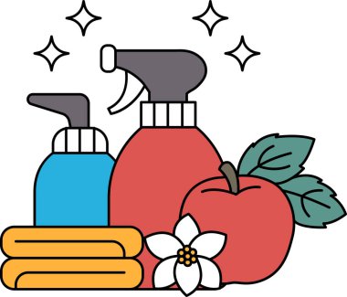 Havlunun üstünde bir sprey ve bir şişe sabun var. Havlunun üzerinde yeşil bir elma sprey ve sabunun yanında.