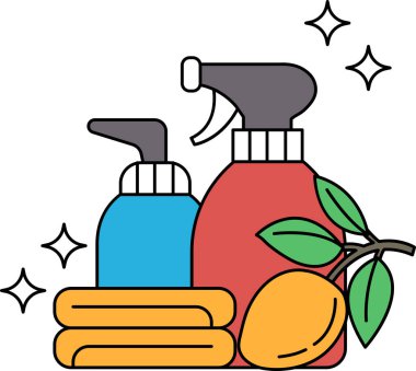 Üstünde yaprak olan bir sprey şişesi. Sprey şişe bir yığın havlunun yanında.