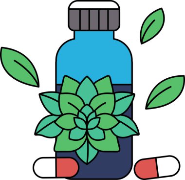 Üzerinde yaprak olan bir ilaç şişesi. Şişe beyaz ve yaprak yeşil.