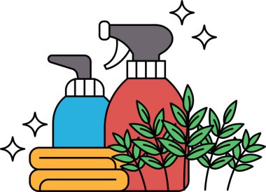 Üzerinde yaprak olan bir sprey şişesi bir sabun şişesinin yanında duruyor. Temizlik kavramı ve düzenli bir çevreyi korumanın önemi