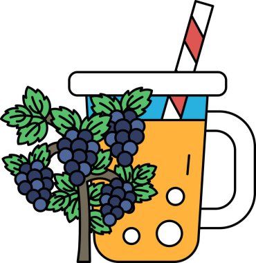 Üzerinde pipet ve bir demet üzüm olan bir kupa. Üzümler ön planda, kupa arka planda.