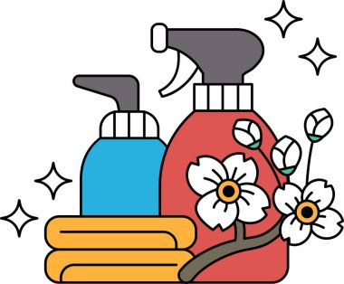 Bir vazo çiçeğin yanında iki şişe temizlik malzemesinin siyah beyaz çizimi. Çiçekler ön planda ve şişeler arka planda. Olay yeri temiz ve düzenli.