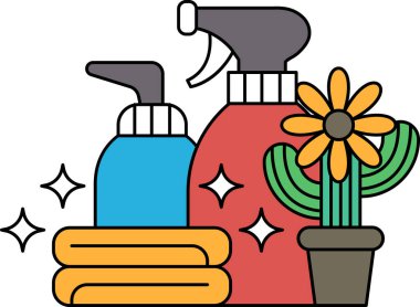 Bir şişe temizlik spreyi, bir şişe çiçek spreyi ve bir saksı bitkisinin siyah beyaz çizimi.