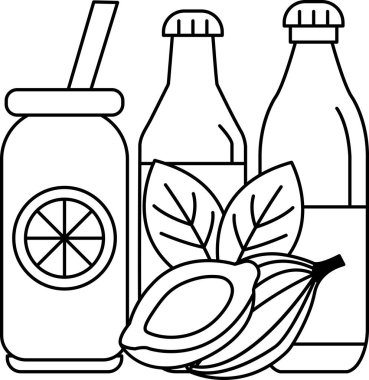 Pipetle çizilmiş bir içki ve bir şişe meyve suyu. Meyve suyu bardakta ve görüntünün sağ tarafında muz yaprağı var.