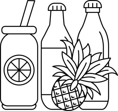 Yanında pipet ve ananas olan bir içki. İçki bardakta, ananas da şişede.