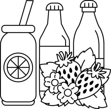 Kamışlı bir içki ve bir şişe meyve suyu karikatürü. Meyve suyu, üzerinde bir dilim portakal olan bir bardakta. Çizimler renkli ve neşeli.