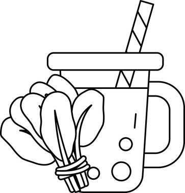 İçinde pipet ve bir demet yeşillik olan bir fincan. Yeşiller bir iple birbirine bağlanmış.