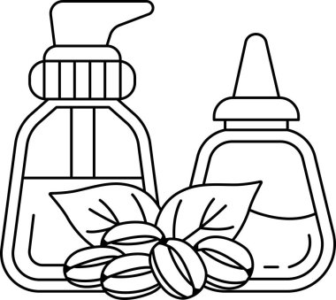 Bir şişe losyon bir şişe yağın yanında. Losyon şişesinin sol tarafında bir yaprak var.