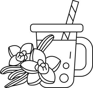 Üzerinde kamış ve çiçekler olan bir kupa. Bardak bir içkiyle dolu. Çiçekler ön planda ve kupa arka planda.