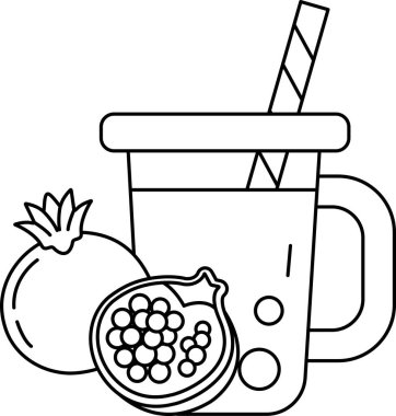 Bir bardak meyve suyu, yanında pipet ve nar ile birlikte. Meyve suyu bardakta, nar da tabakta.